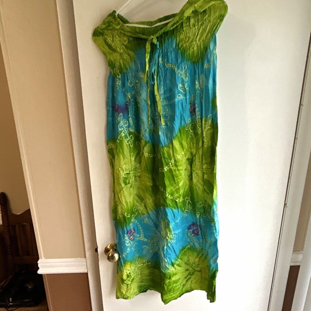 Women’s Blue Green Floral Maxi Sundress Strapless Drawstring Rayon Long One Size